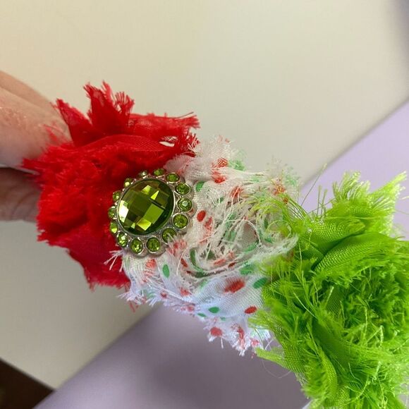 Red Green and White Boutique Christmas Frayed Rossette Headband with Rhinestone - Picture 2 of 9